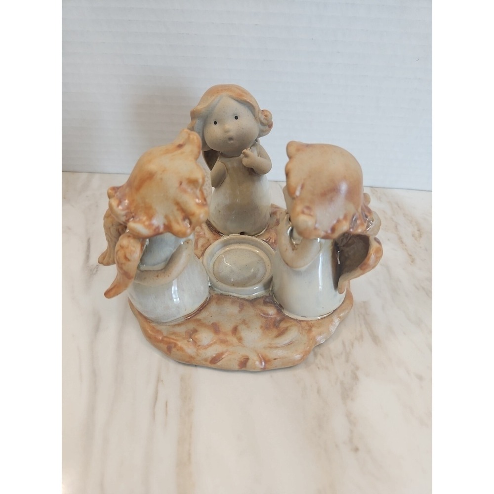 Vintage Trio of Angels Ceramic Tea Light Candle Holder Figurine-Welcome Home